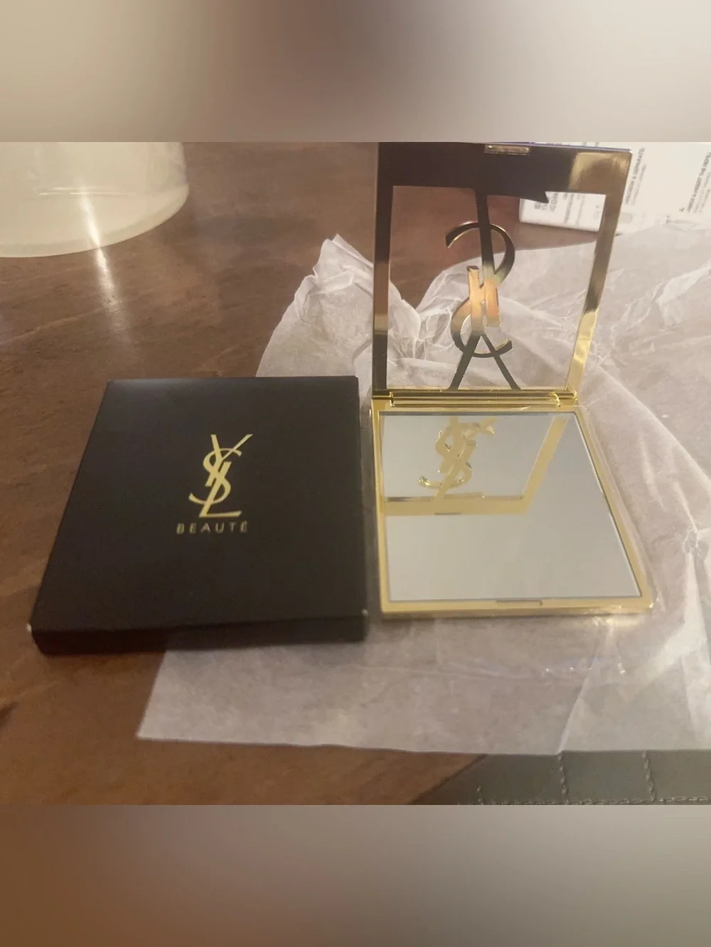Rare!Yves Saint Laurent Gold Logo Compact Mirror with Black Case